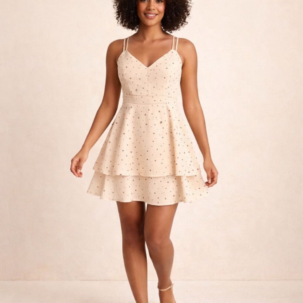ALTAR'D STATE Beige Star Print Tiered Mini Dress Large NWT Babydoll Cottagecore